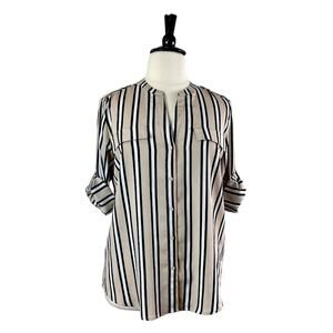 Calvin Klein Women’s Button Down Blouse V-neck Tabbed Sleeves Tan Stripe Size XL